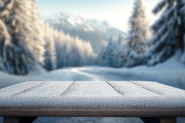 Wall Mural - wooden desk cover of snow and frost with landscape of winter Alps. Christmas magic time.