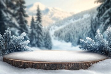 Wall Mural - wooden desk cover of snow and frost with landscape of winter Alps. Christmas magic time.