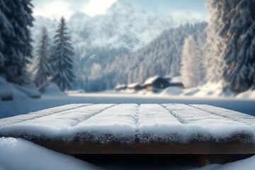 Wall Mural - wooden desk cover of snow and frost with landscape of winter Alps. Christmas magic time.