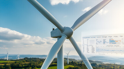 Modern wind turbine with a detailed energy data analytics dashboard in the foreground, displaying real-time statistics and graphs for effective power production monitoring creative copy space concept