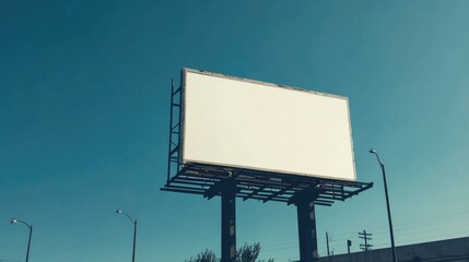 Minimalist city billboard with a white screen, standing tall in an urban environment, with wide-open copy space.