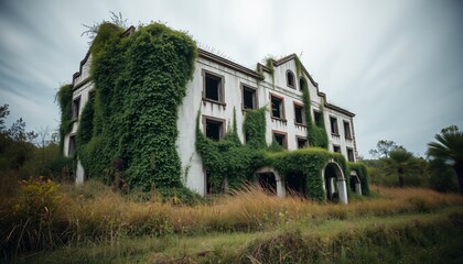 derelict architecture abandoned dusty and overgrown building