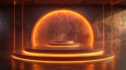 Wall Mural - three circular platforms with neon orange lights in a concrete room, glowing with an orange halo beh