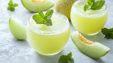 Refreshing melon drink garnished with mint leaves, served in elegant glasses, ideal for summer parties and gatherings.