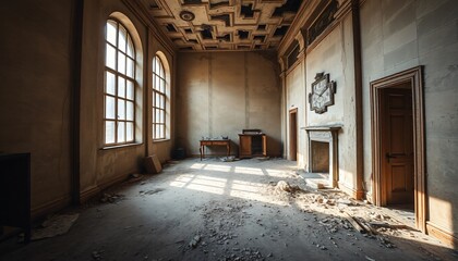 derelict architecture abandoned dusty and overgrown building