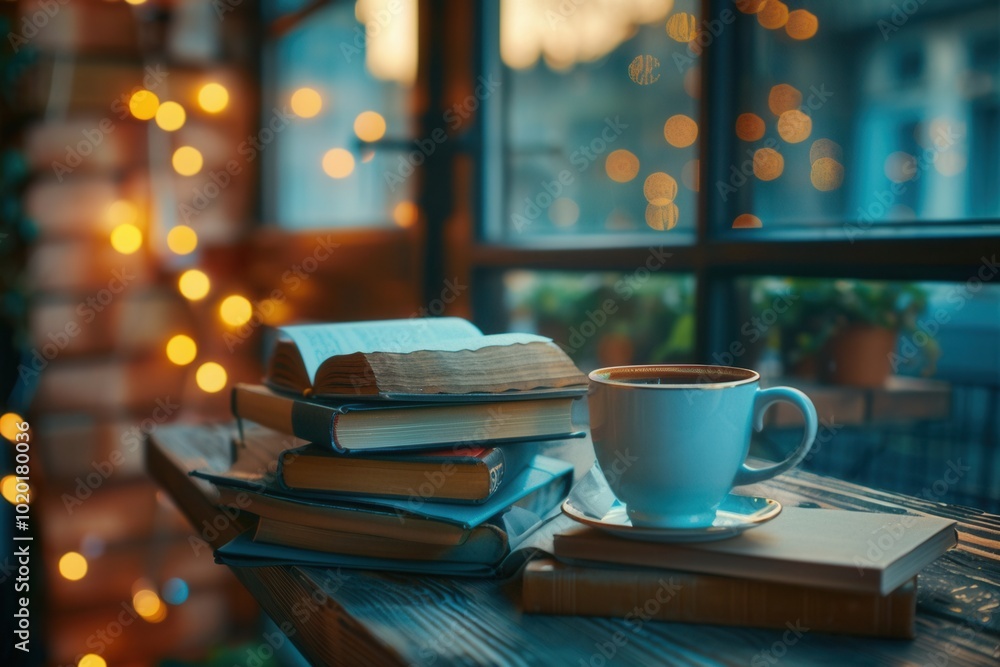 A stack of books rests on a wooden table beside a steaming cup of ...