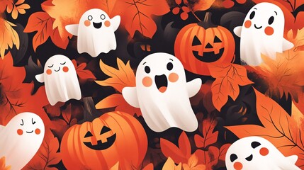 Wall Mural - Adorable ghosts drift alongside pumpkins and autumn leaves, bringing a lively and festive halloween vibe