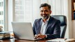 © Htet Wai Phyo - Cropped portrait of an middle aged India man boss working on computer while sitting in his luxury private office table , lot of file, check report project paper