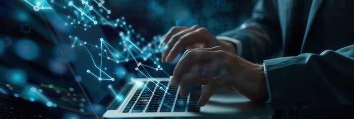 Poster - A professional works diligently on a laptop, enhancing cyber security measures to safeguard data from emerging digital threats. Generative AI