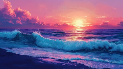 A vibrant blue sunset over the ocean, with waves gently crashing against the shore.