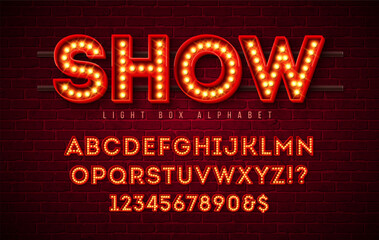 Light Bulb Alphabet with Red Frame Box and Shadow on Vintage Brick Wall Background. Glowing Retro Vector Font Collection with Shiny Bright Lights. ABC and Number Design for Casino, Night Club or