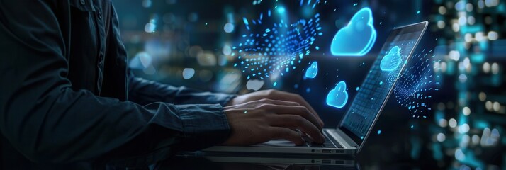 Poster - A cybersecurity expert actively protects sensitive data on a laptop, surrounded by dynamic cloud icons in a modern workspace. Generative AI