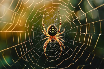 close-up of a spider sitting at the center of its intricately woven web, glistening in the soft sunlight