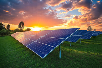 A field of solar panels in a field at sunset