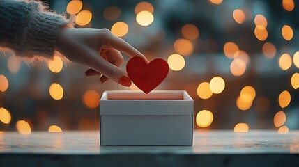 Canvas Print - Hand placing a red heart into a white gift box.