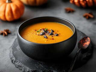 Wall Mural - Vegan pumpkin soup in black bowl for festive dinner