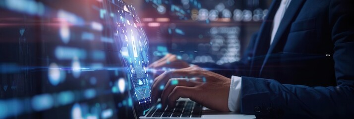 Aufkleber - A cyber security expert types on a laptop, analyzing data protection measures to safeguard information in a secure digital workspace. Generative AI