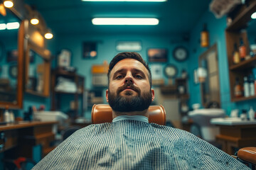 Sticker - A man sitting in a barber chair in a hair salon