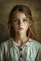 Wall Mural - A young girl with freckles on her face and long hair