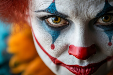 Sticker - A close up of a clown's face with red hair and blue eyes