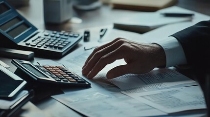 Poster - Businessman Analyzing Financial Documents and Using Calculator