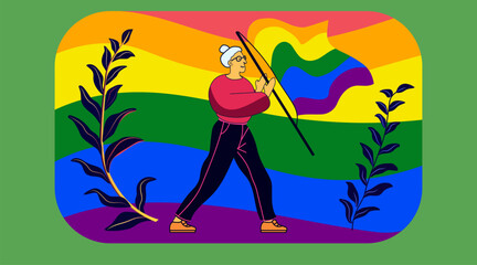 Elderly person holding rainbow flag colorful background. Elderly individual walking with pride flag vibrant rainbow backdrop green plants. Website design template