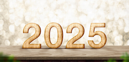 Leinwandbilder - 2025  happy new year wood number (3d rendering) on wood table with sparkling gold bokeh wall,leave space for display of product for promotion on christmas and new year holiday
