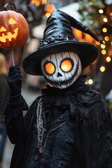 Sticker - Individual in a spooky halloween outfit is holding a luminous pumpkin