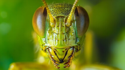 Extreme Close Up Microscopic View of a Grasshopper s Detailed Insect Face in a Green Natural Environment