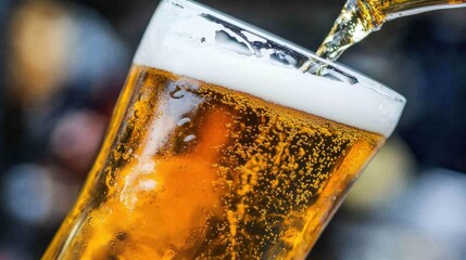 Foamy beer filling a glass against a dark blurred background emphasizing the refreshing and crisp nature of the beverage