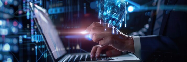 Poster - A professional engages with advanced technology to safeguard sensitive data in a dynamic cyber security setting. Generative AI