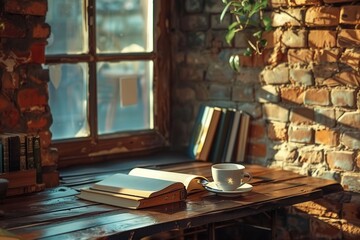 Fototapete - A warm and inviting atmosphere features a cup of coffee beside open books on a wooden table, perfect for reading moments. Generative AI