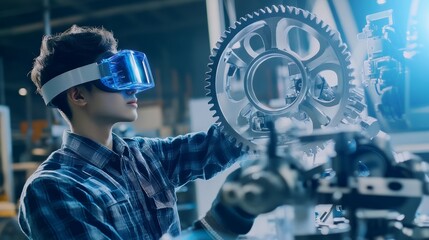 Smart technology, smart factory, machinery, a worker wearing goggles studying a gear model filled with blue light, futuristic technology 