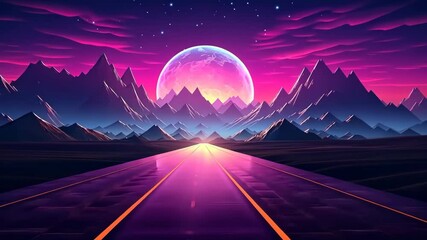 Road to the horizon. In style with synthwave colorful night.