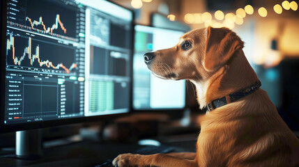 Wall Mural - dog analyzing financial charts on computer in office setting