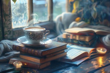 Fototapete - A steaming cup of coffee rests on stacked books, creating a warm and inviting atmosphere perfect for a relaxing reading experience. Generative AI