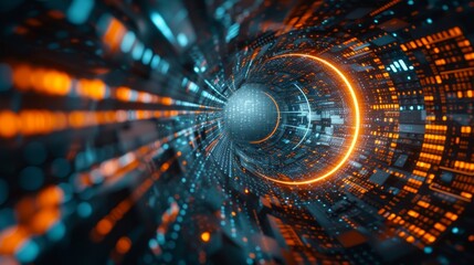 Leinwandbilder - A futuristic tunnel of colorful lights and digital patterns, showcasing a glowing orange circle amidst an array of blue and orange data streams