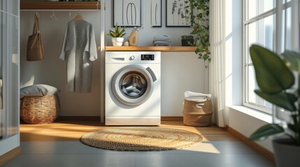 Poster - Bright and modern laundry room featuring a washing machine, plants, and natural light streaming through large windows, creating a serene and inviting atmosphere.