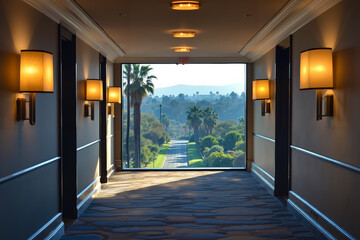 A long hallway with a view of a golf course through a window