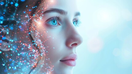 Aufkleber - A captivating profile of a woman with vibrant blue eyes, adorned with ethereal light particles, symbolizing creativity and introspection against a dreamy background.