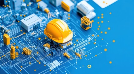 A yellow hard hat is prominently displayed on an intricate blue circuit board, symbolizing the intersection of construction and technology with a network of pathways and components.