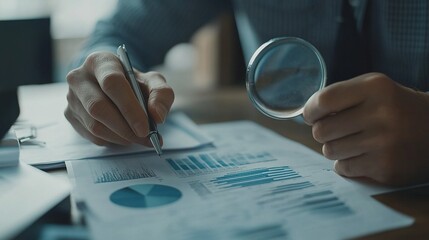 Wall Mural - Analyzing Financial Reports with Magnifying Glass