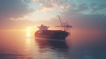 Canvas Print - Tranquil Sunset Over Cargo Ship and Port Crane