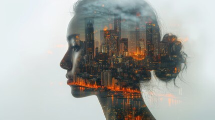Aufkleber - An artistic representation of a silhouette of a woman with a cityscape overlay, symbolizing the connection between urban life and human emotions.