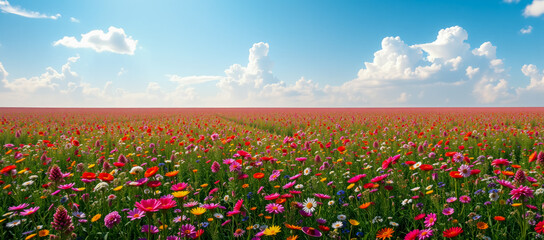 A sprawling field of flowers, blossoming vibrantly in the spring, beneath a clear azure sky.