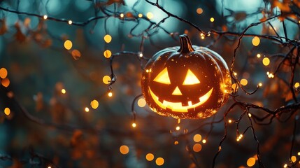 Wall Mural - Halloween pumpkin face decoration with sparkling lights on tree branches