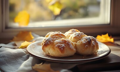 Wall Mural - autumn bakery roll laying on a plate, Generative AI