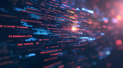 A close-up view of abstract digital code, with glowing red and blue highlights.