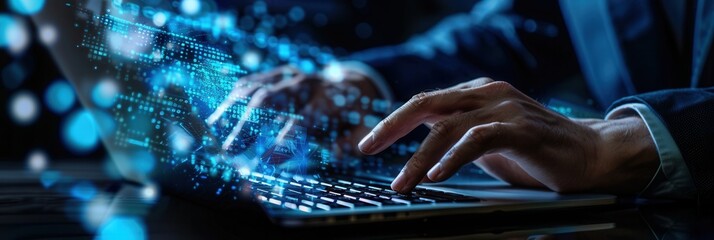 Poster - A cyber security professional actively engages with data protection techniques using advanced technology on a laptop. Generative AI