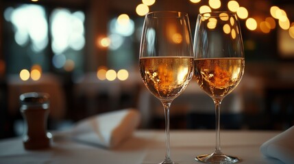 Two glasses of white wine on a table at a restaurant.